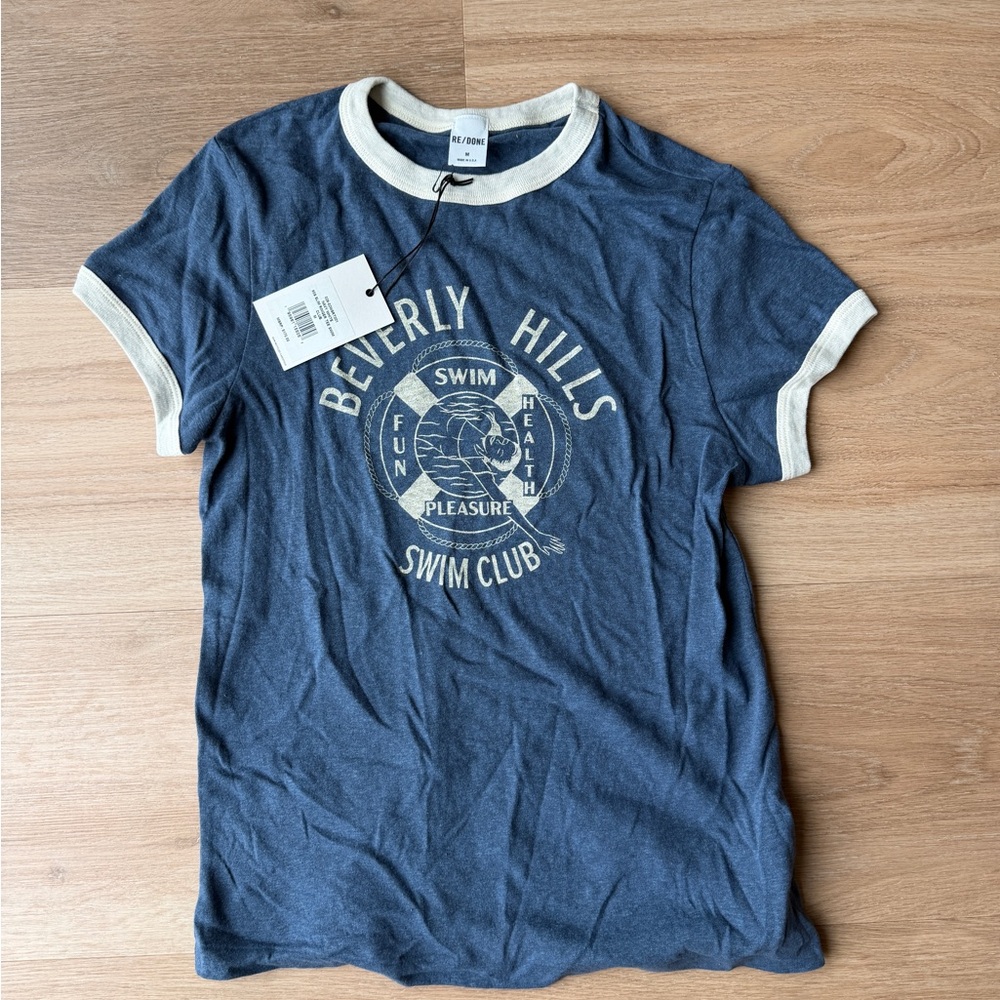 Re/Done Blue and Cream Beverly Hills Tee
